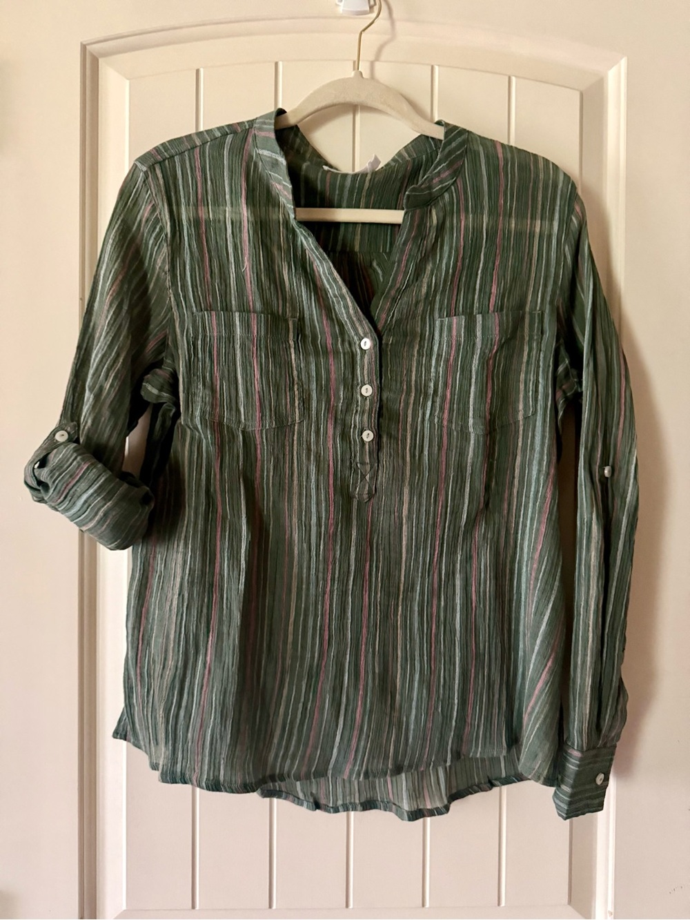 Carve Designs Green Striped Tunic with Red and Tan Accents 100% organic cotton